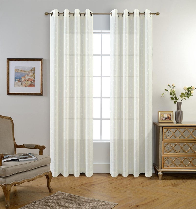 MIUCO Floral Embroidered Semi Sheer Curtains Polyester Grommet Curtains for Girls Room 52 x 84 Inch Set of 2, Off White - Image 2